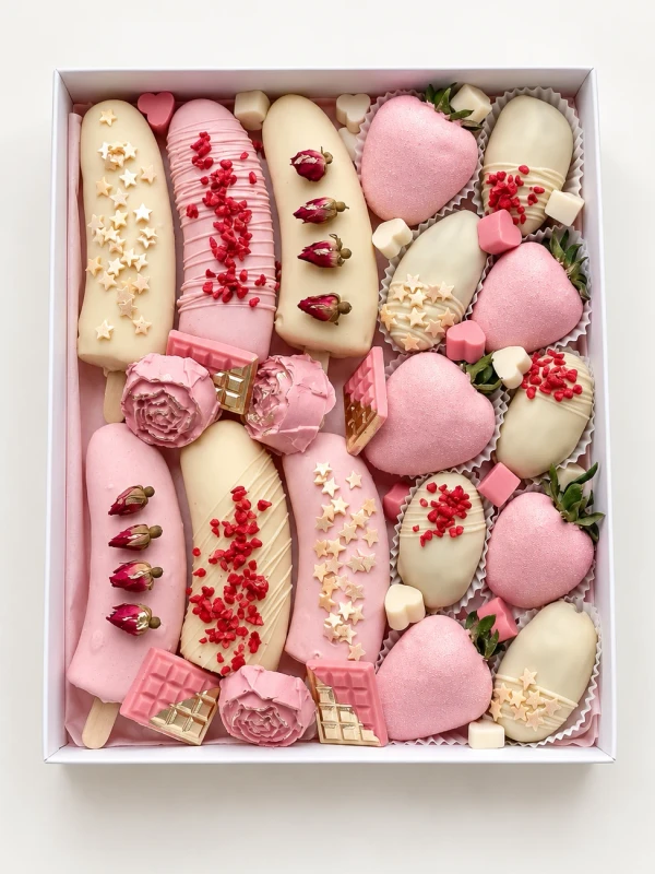 Фруктовый бокс "Ассорти Pink" — «Фруктовый бокс Ассорти Pink» — фруктовый набор Dolce Sweets из 5 ягод клубники в цветном шоколаде, 3…